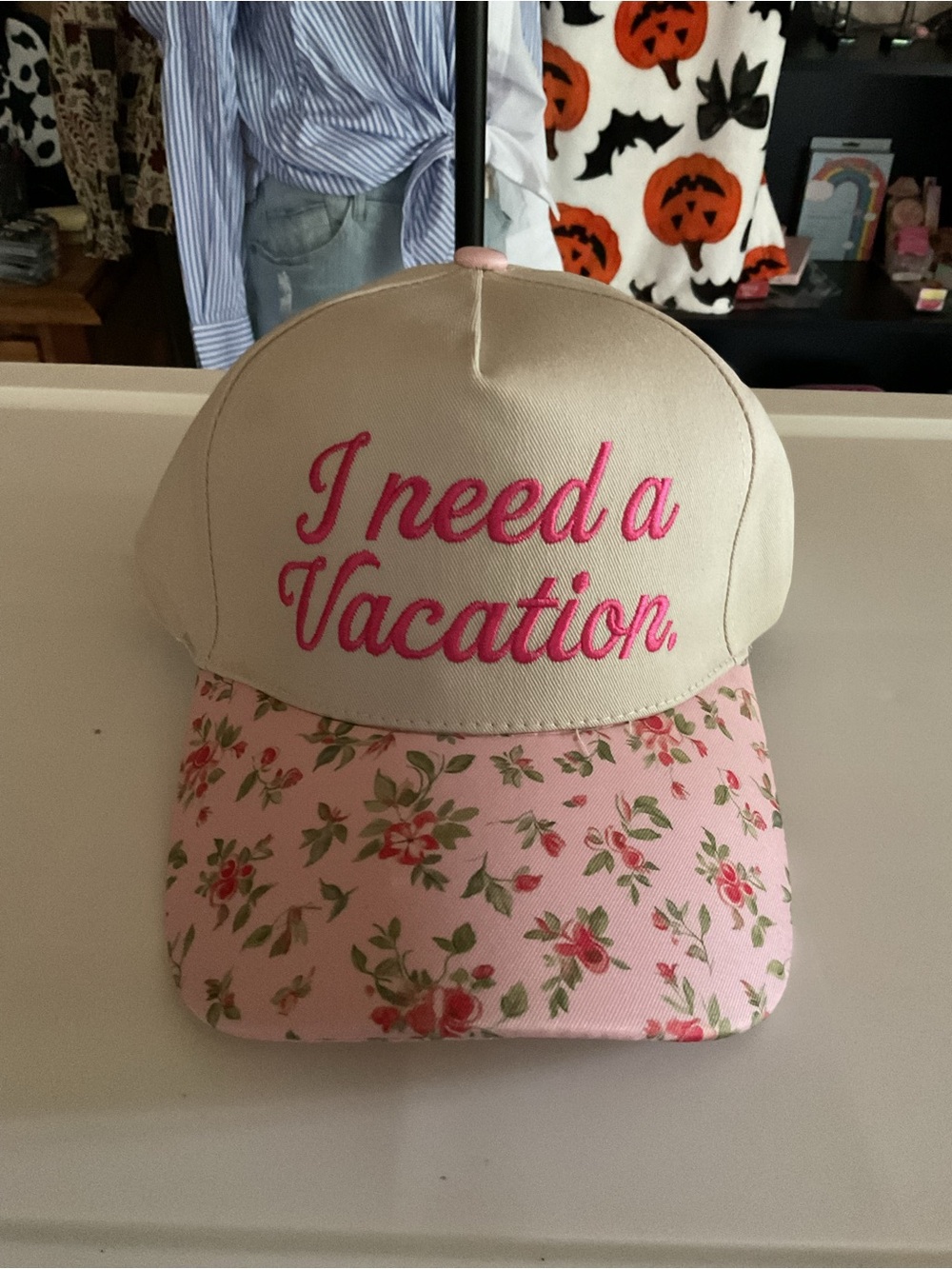I Need a Vacation Floral Baseball Cap - Beige & Pink